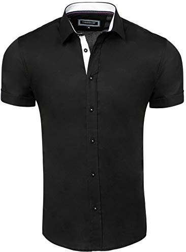 CARISMA Camisa informal de manga corta para hombre, corte entallado con cuello Kent para ocio, negocios, boda, 9102, color negro, talla M