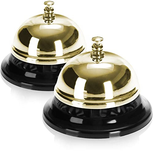 Robin Goods® 2X Rezeptionsklingeln, Tischglocken mit klarem Klang, Goldfarbene Tischklingeln für Tresen in Hotels, Bars, Praxen, Schulen - Empfangsglocken Set (2 Stück - goldfarben)