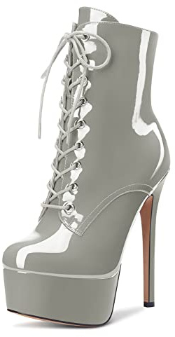 Aachcol Women Ankle Boots Short Bootie Platform Stiletto High Heel Round Toe Dress Shoes Lace-up Patent Grey 16 CM 4 UK