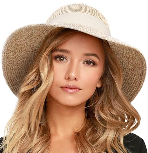 FURTALK Womens Beach Sun Straw Hat Floppy UPF80+ Travel Foldable Brim Summer UV Hat, Mix Beige+Beige Ribbon, M-L