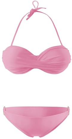 Generisch Twist Push Up Bandeau Bikini mit Niedriger Taille Ring Cutout Tanga Bademode Bauchweg Badeanzug(Rosa, M)