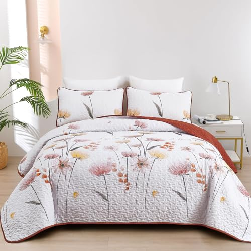 Dinjoy Floral Quilt Set California King Size,Orange Bedspread Farmhouse Bedding Set Soft Lightweight Summer Quilts 3 Piece White Oversized Bedspreads Flower Bed Sets (Cal King,112x96)