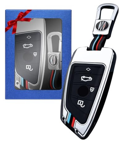 Yumzeco Zinklegierung Autoschlüssel Hülle Keyless Kompatibel mit BMW 2 3 5 7 Serie X1 X2 X3 X5 X6 Schlüsselhülle mit Silicone TPU Schlüssel Cover Schutzhülle mit Schlüsselanhänger Silber