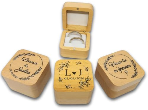 Boîte à Alliances En Bois Personnalisée, Boîte à Bague De Fiançailles Personnalisable (Prénoms + Dates)