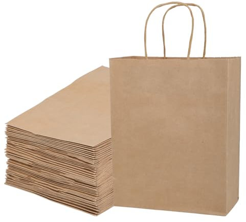 Weiße Papiertüten Papiertüten - Geschenktüten - Kraftpapiertüten mit Henkel - 21 x 11 x 27 cm - Geschenktüten für Einkaufen, Hochzeiten, Verpackungen, Partys, Geburtstag, Weihnachten (50 Stk) (braun)