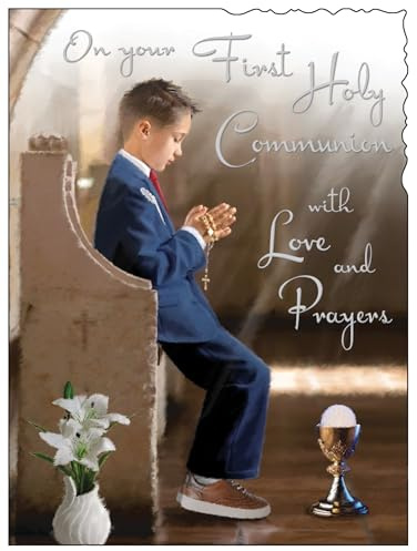 Jonny Javelin First Holy Communion Congratulations Card for Boys - Communion Congratulations Card with Artistic Boy in Church Design and Embossed Foil Details
