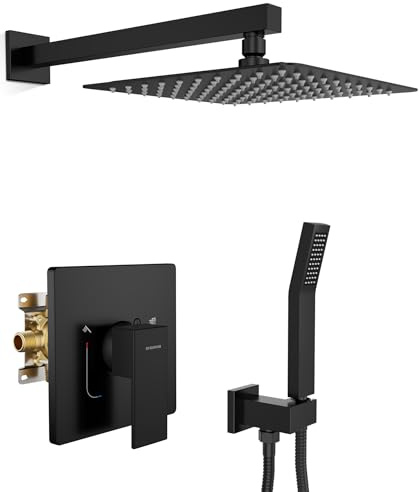 SR SUN RISE Shower Faucet Set & System - 10 Inch Rainfall Shower Head & Handle Set Wall Mounted Matte Black Solid Brass Valve Trim Kit Included
