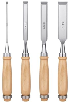 Anhoer Juego de 4 cinceles de madera de 6 mm, 12 mm, 18 mm, 24 mm, juego de herramientas de corte afilado para tallar madera con borde biselado afilado y mango de madera de haya de alto impacto