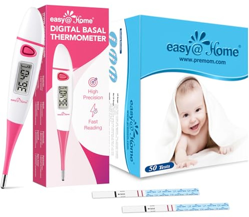 Easy@Home Fertility & Ovulation Tracking Bundle with Premom App: 50 Ovulation Test Strips and Digital Basal Thermometer with Backlit BBT Display