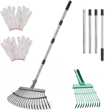 Rastrello da giardino in metallo con manico in acciaio inox da 180 cm, rastrello per foglie, per giardino, prato, arbusti, erba, pacciame, robusto