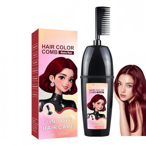 3-in-1 Hair Dye Comb for Root Touch Up & Gray Hair Coverage,Portable Hair Coloring Brush with Plant Extract,Semi-Permanent Hair Dye,Gentle Temporary Hair Colour for Women Men(Retro Red)