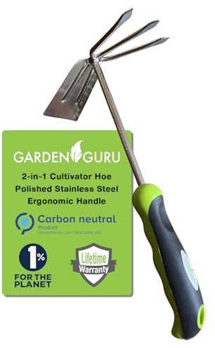 Garden Guru - Attrezzo per coltivare a mano, rastrello, zappa, in acciaio inox per la massima resistenza, resistente alla ruggine, manico ergonomico, ideale per giardinaggio, coltivazione