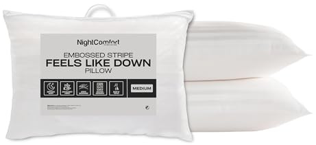 Night Comfort Satin Stripe White Pillow - Hypoallergenic Medium Support, Microfibre Pillows for Side Sleepers, Filled with Bouncy Hollowfibre, Big Pillows for Bed (Pack of 2)