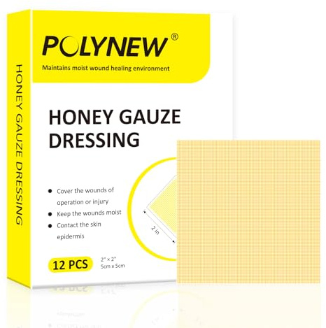 Polynew Manuka Honey Gauze Dressing, 2 x 2, 12 Individual Packs, Manuka Honey Wound Care Gauze for Ulcers, Bedsores, Burns, Abrasions and Cuts for Wound Healing
