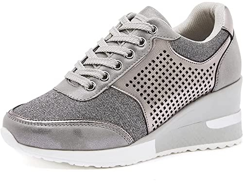 EXECAB Femmes Baskets compensées 3.15 Talon Dames à Lacets Baskets antidérapant Talon caché Plate-Forme Chaussures Marche Chaussures de Mariage,Gris,37