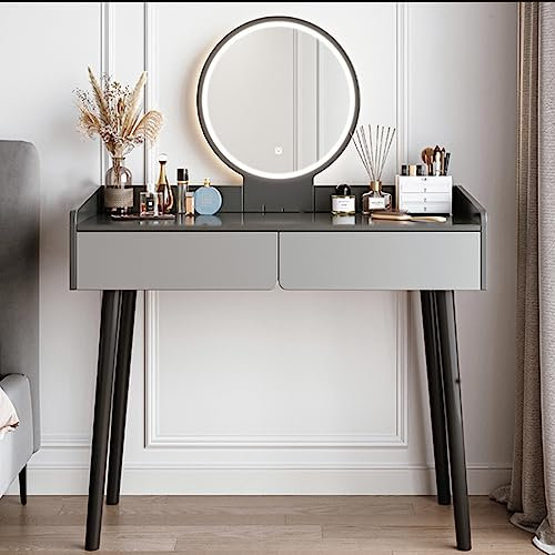 Dressing Table Set With 2 Drawers, Vanity Makeup Desk Set With Adjustable Brightness Mirror, Desktop With Fence Design To Prevent Items From Falling, Bedroom Furniture ( Color : Without stool , Size :