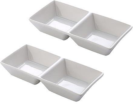 JIHUOO 2 Pcs Ceramic Dipping Plates 2 Compartment Serving Dish Soy Sauce Dipping Bowls Dishes Small Divided Platter Watercolor Mixing Dish for Kitchen