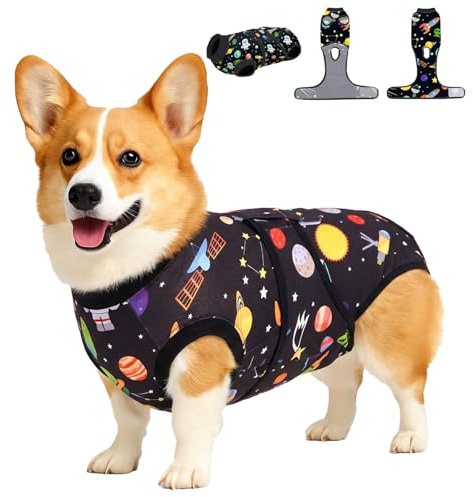 PetWarm Neutering Recovery Suit for Male Dogs, Clothes for Dogs, Anti-Licking Pet Surgical Recovery Onesies, Dog Bodysuit for Abdominal Affected Areas Sensitive Skin Areas, Satellite Pattern, Black, S