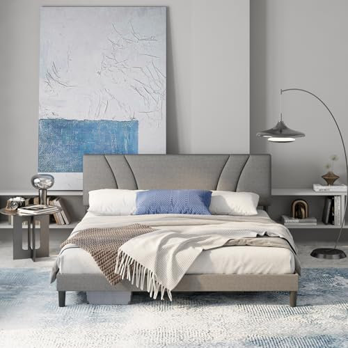 Avenco Cadre de lit Double 160x200 cm, Cadre de lit Plateforme, avec tête et Dossier tapissés, Support à Lattes en Bois, Assemblage Facile, Gris Visiter la Boutique