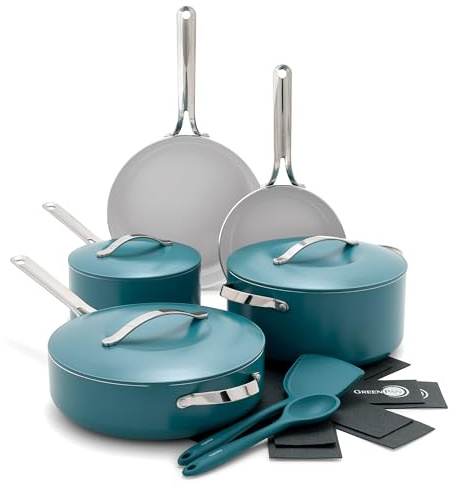 GreenPan Nova 10-Piece Cookware Pots and Pans Set, Oprah’s Favorite Things 2024, PFAS-Free Ceramic Nonstick, Fry, Sauté, Stockpot, Utensils, Lids, Induction Suitable, Dishwasher, Oven Safe, Deep Teal