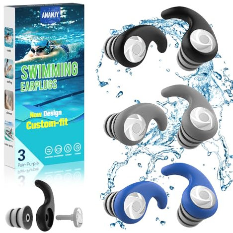 Schwimm Ohrstöpsel für Erwachsene - 3 Paar Wasserdichte Wiederverwendbare Silikon Schwimmen Ohrstöpsel - Ohrschutz für Ideal zum Surfen, Dusche,Tauchen, und Anderen