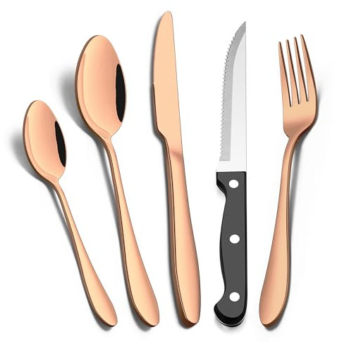 Joyfair 30 Pcs Cutlery Set with Steak Knives, Stainless Steel Flatware Set for 6 People, Eating Tableware with Forks Knives Spoons for Home/Camping/Party, Mirror Finished & Dishwasher Safe, Rose Gold