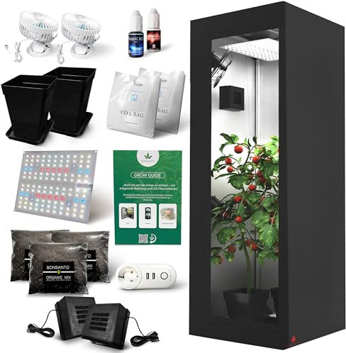 Bonsanto® Growbox Starter Set – Kit completo tutto-in-uno per principianti con tenda, LED, filtro a carbone, terriccio, fertilizzante, CO₂ e guida – senza odori, silenzioso e pronto all’uso