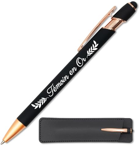 StarMaker Stylo Témoin en Or avec étui cuir - Idée cadeau témoin de mariage - Stylo en métal 2 en 1 tactile avec gravure laser, original et chic à offrir (Noir)