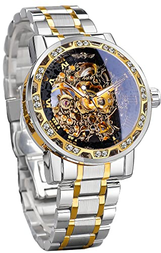 Winner - Orologio da polso meccanico meccanico retrò, con diamante e intaglio, da uomo, con scheletro, classico, numeri romani, Argento-Nero, Stile casual