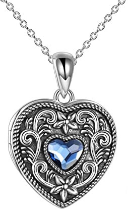 URONE Sterling Silber Herz Medaillons für Frauen die Bilder hält Liebe Herz Foto Medaillon Halskette Memory Anhänger mit blauen Kristallen von Österreich Geburtstagsgeschenke für Frauen