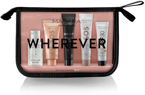 MÁDARA Wherever Travel Set 5-in-1 – Mikellarwasser 50 ml + SOS Hydra Mask 17 ml + Anti-Fatigue Augencreme 15 ml + Hydra Recharge Cream 15 ml + SPF30 Gesichtssonnencreme 10 ml – Reisegröße