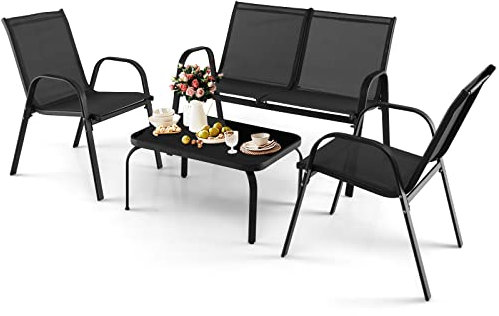 KOMFOTTEU 4-teilige Balkon Set, Gartenmöbel Set für 4 Personen, Gartengarnitur mit 2 Stühlen & 1 Bank & 1 Couchtisch, Terrassenmöbel Set Sitzgarnitur für Balkon, Hof, Pool