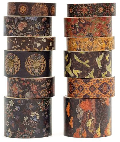 Songdao 12 rotoli Washi Tape Set, nastro vintage adesivo decorativo per arte ispirata a foglia d'oro nastri, per arti, pallottola di giornale, scrapbooking, fai da te, imballaggio (Dragon)