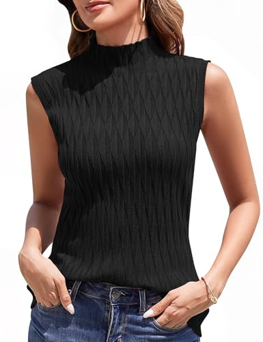 Aottori Camiseta sin Mangas Mujer Cuello Alto Jerséis Acanalada Ajustada Elástica de Punto Suéter Básico Elegante Pullover Camisa Túnica Negro M