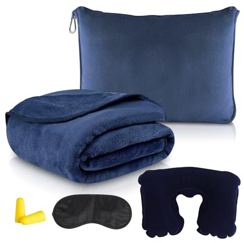 BORDEAG Manta de Viaje Almohada, Manta de Viaje Almohada 2 en 1 para Avión, Suave Manta de Avión para Viajeros, Sábana de Camping Plegable ara Viajes aéreos Viajes de Negocios Oficina (Azul Marino)