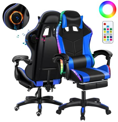 Gaming Stuhl mit Bluetooth-Lautsprechern und LED-Lichtern RGB, Massage Ergonomischer Computerstuhl mit Fußstütze und Lendenwirbelstütze, Höhenverstellbarer Gaming-Stuhl mit 360°-Schwenksitz und