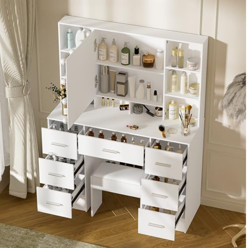 Buildonely Großer Schminktisch mit Hocker und Spiegel und Beleuchtung, 3 Farbtemperaturen mit Einstellbare Helligkeit, Kosmetiktisch mit 7 Schubladens, 40x100x140cm, SD5210