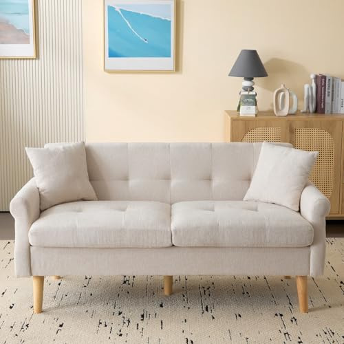KOMHTOM Canapé 2 Places, Meubles Rembourrés, Pieds en Bois Massif, 2 Coussins, Design Moderne, pour Salon, Chambre à Coucher, Appartement (Beige)