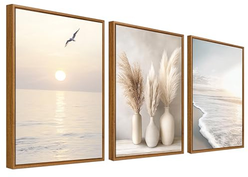 Framed Canvas Wall Art Set of 3 Coastal Beach Sea Wave Painting Prints for Wall Poster Boho Pampas Grass Ocean Sunset Pictures for Living Room Bedroom Hallway 40x60cm x3pcs (No Acrylic Glass)
