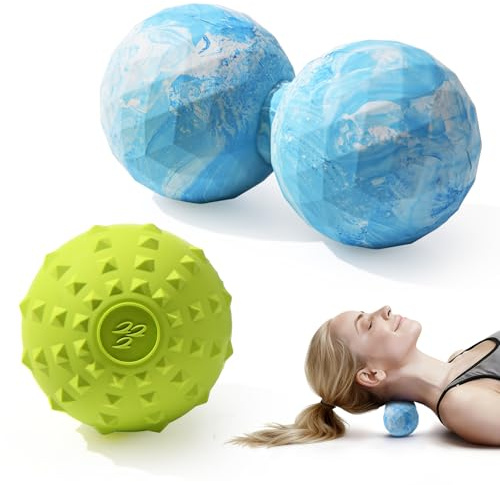 Peanut & Spiky Massage Ball Set, Double Lacrosse Peanut Roller + Firm Spiky Ball for Deep Tissue Myofascial Release, Trigger Point Therapy, Plantar Fasciitis & Muscle Recovery (Blue Mix White+Yellow)