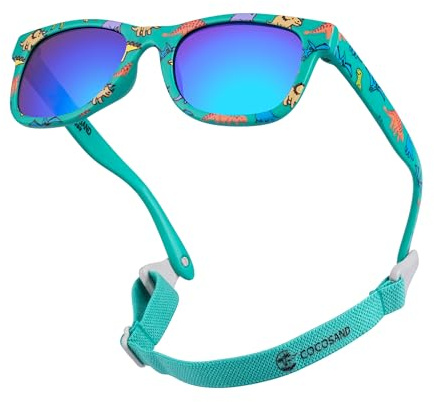 COCOSAND Baby Sunglasses with Strap Polarized Flexible Frame for Toddler Infant Newborn Girls Boys Age 0-24 Months, Matte Green with Dinosaur Print
