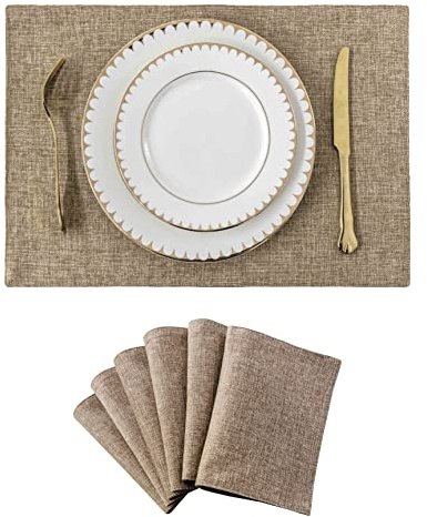 Home Brilliant Fabric Cotton Placemats Set of 6 Heat Resistant Dining Table Place Mats Kitchen Table Mats, Natural Linen