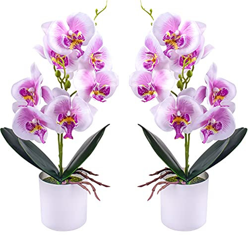 XONOR Künstliche Orchideenblumen, 2 Stück eingetopfte Orchideenblüten Gefälschte Orchideen mit Plastikvase für Tischdekoration Wohnkultur Büro Hochzeitsfeier Dekoration (Lila)
