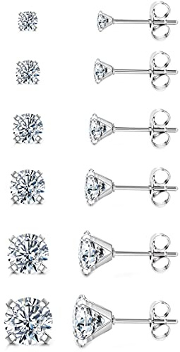 Dochais 6 Pares Pendientes para Hombre Mujer Acero Quirúrgico Plata Hipoalergénicos Pendientes Zirconia Cuadrados y Redondos Diamante Brillantes Juego Pendiente 3/4/5/6/7/8/9mm
