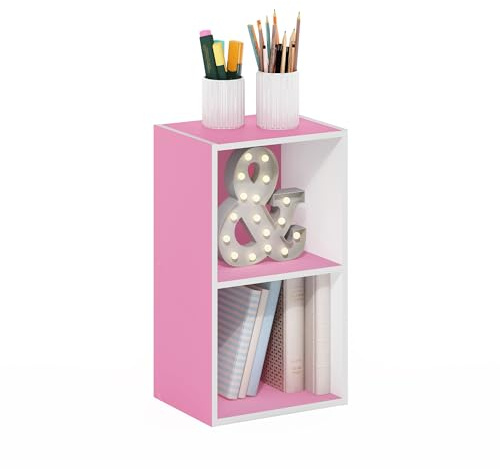 Furinno PASIR Book Shelf, 2-Tier Modern Bookshelf, Open Shelves Bookcase 9 x 12 x 21, for Living Room, Bedroom, Home Office, Pink/White