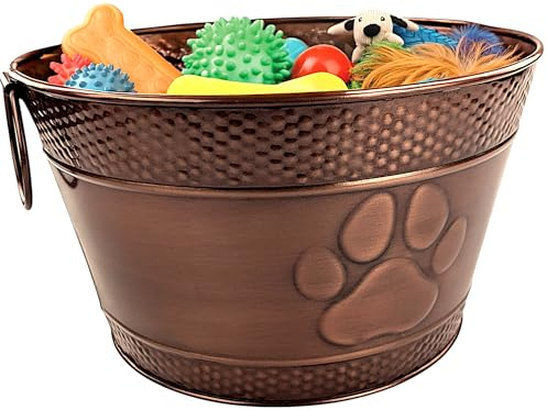 BREKX Metal Indestructible Dog Toy Bin - Storage Bin with Handles, Farmhouse Organizer Storage Basket for Pet Toys, Blankets, Leashes - Home Decor (Lead-Free Copper)
