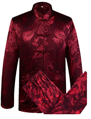 VMAKBUWIS Ensemble de costume traditionnel chinois pour homme - Manches longues - Pantalon long - Dragon Kung Fu - En soie - Wu Shu Tai Chi, Manches longues rouges., M