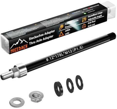 NICEDACK Eje pasante M12 x 1,5-172-178 mm con Adaptador para Enganche de Remolque de Bicicleta