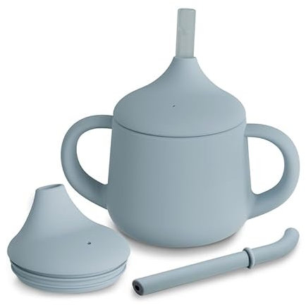 Moonkie Silikon Baby Trinklernbecher ab 6 Monate | mit 2 Strohhalmen (mit & ohne Ventil) | 120 ml, 3-Stufen-Übergang | BPA-frei | Auslaufsichere Schnabeltasse(Ether)