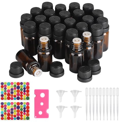 CPROSP 25 st 10 ml bärnstensglasflaska, eteriska oljeflaskor för fyllning, glasflaska med droppe; bärnsten glas Essential oljeflaska med skruvlock
